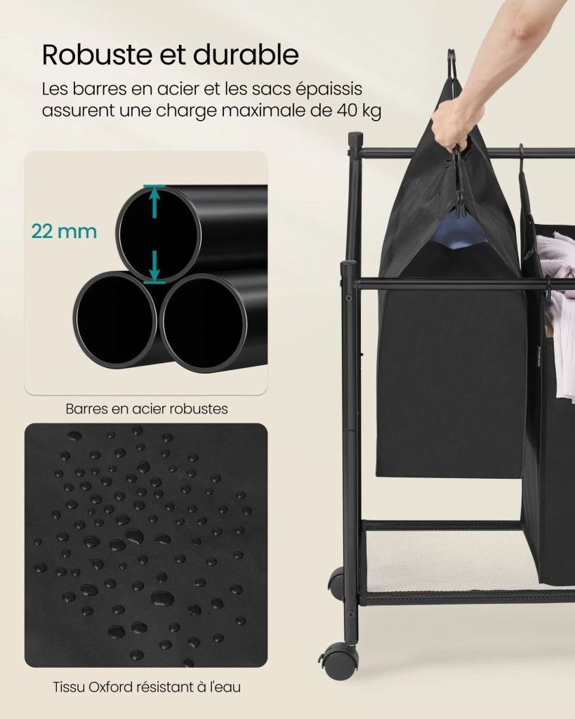 Carrello portabiancheria cesto portabiancheria cesto portabiancheria con 4 sacchi estraibili cesto portabiancheria con ruote cesto portabiancheria robusto 4 x 35 litri nero 12_0005002