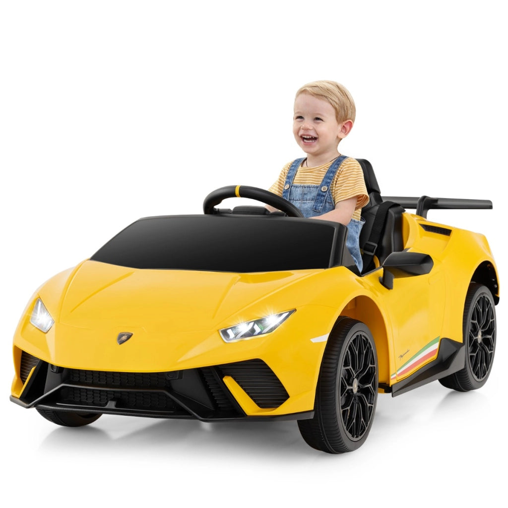 Auto elettrica 12V con telecomando luci LED musica clacson e sospensioni a molla, Auto sportiva a batteria Giallo-Macchinine giocattoli