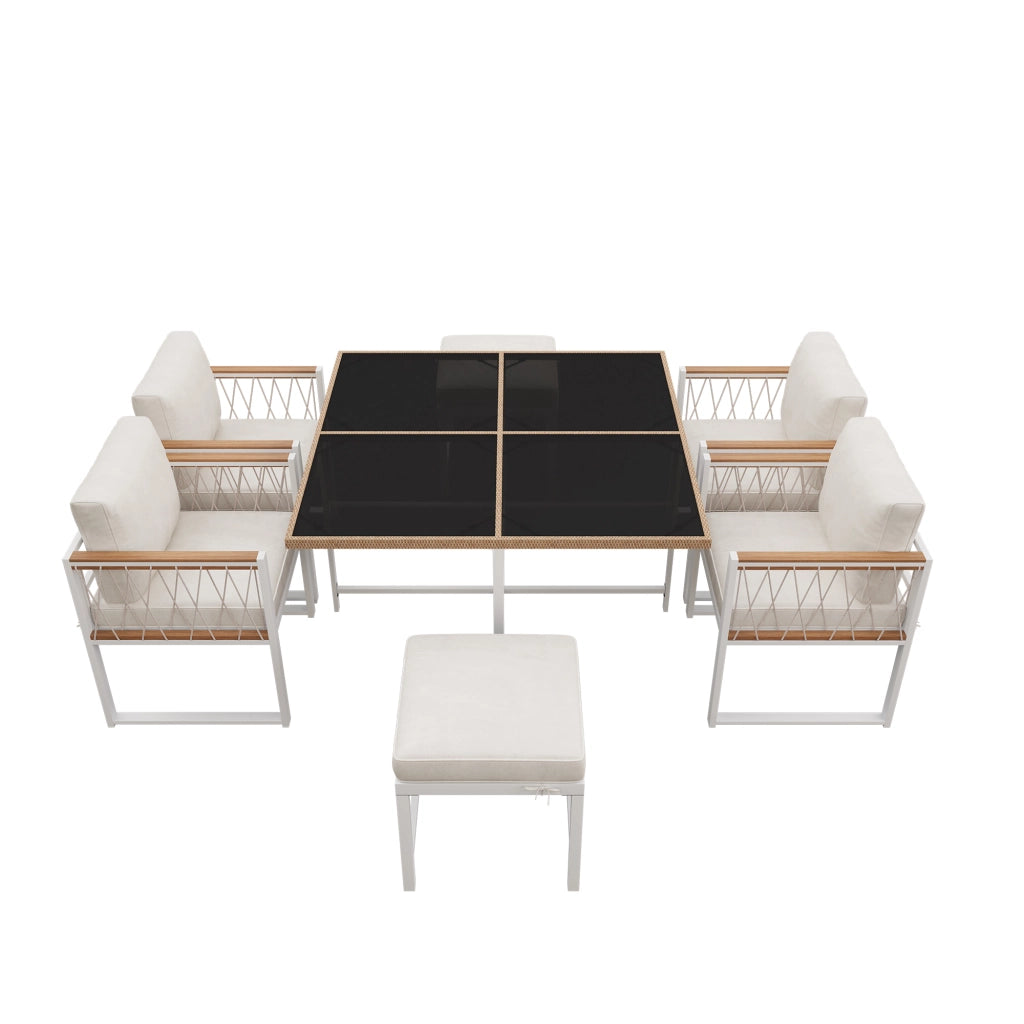 Salotto da Giardino con 1 Tavolo Quadrato; 4 Poltrone e 2 Poggiapiedi; per 6 persone; Legno di Acacia; Rattan e Metallo; Naturale e Bianco
