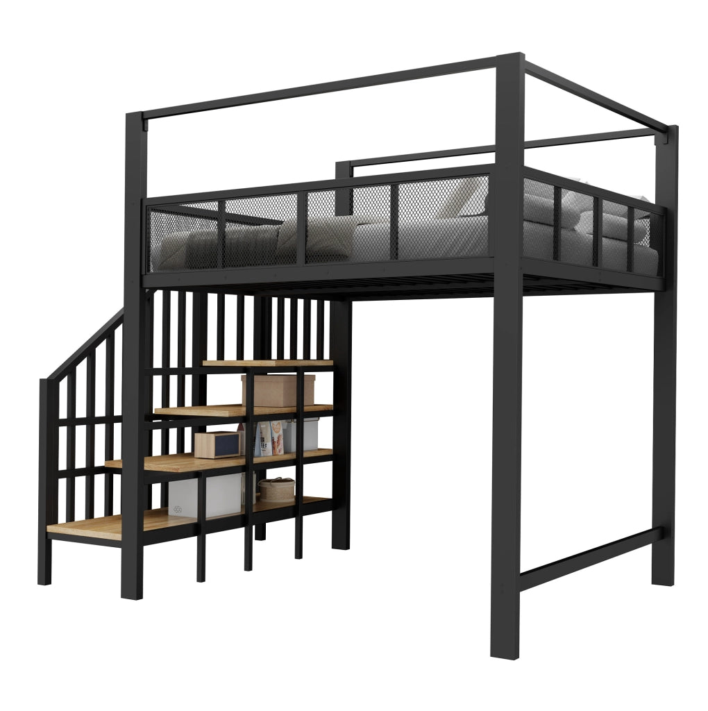 Letto a soppalco 90x200 cm con scala e baldacchino in metallo nero