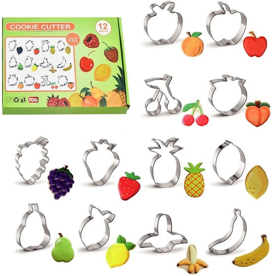 Set di stampi per biscotti in acciaio inossidabile a forma di frutta per bambini, 12 pezzi, ideale per decorazioni di torte, dolci e regali per bambini.