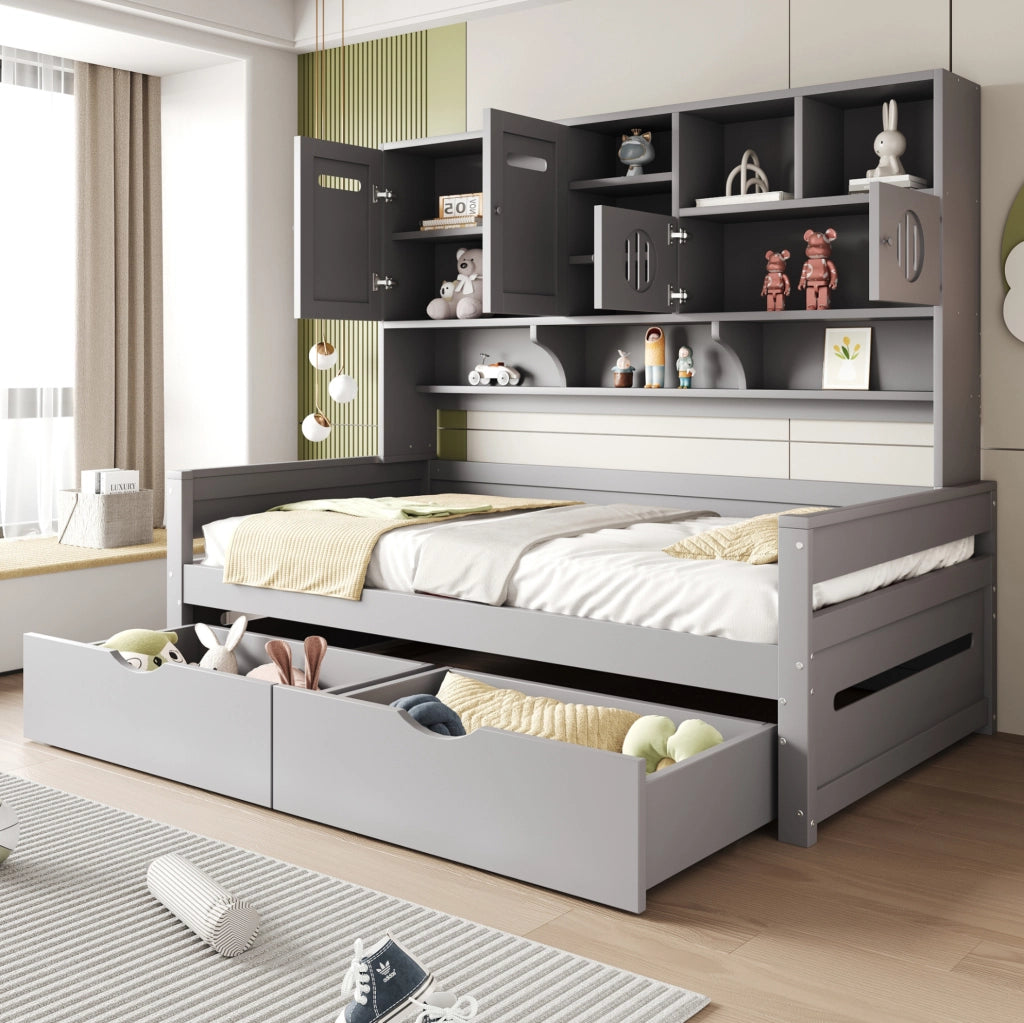 Letto 90x200 cm multifunzione con contenitore; cassetti; in legno grigio