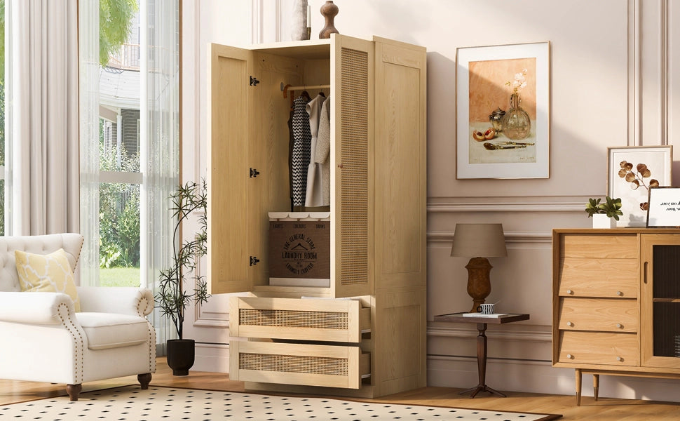 Armadio Guardaroba Effetto Legno 70×55×170 cm con 2 Ante in Rattan; Cassetti e Ripiani Interni