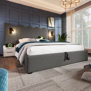 Letto imbottito 180x200 cm con contenitore; lampada da lettura e USB-C in lino grigio