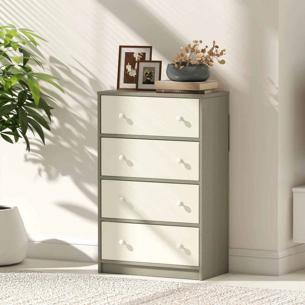 Cassettiera con 4 Cassetti in Tessuto 58x30x91 cm con Maniglie Doppie Struttura in MDF Bianco e Grigio