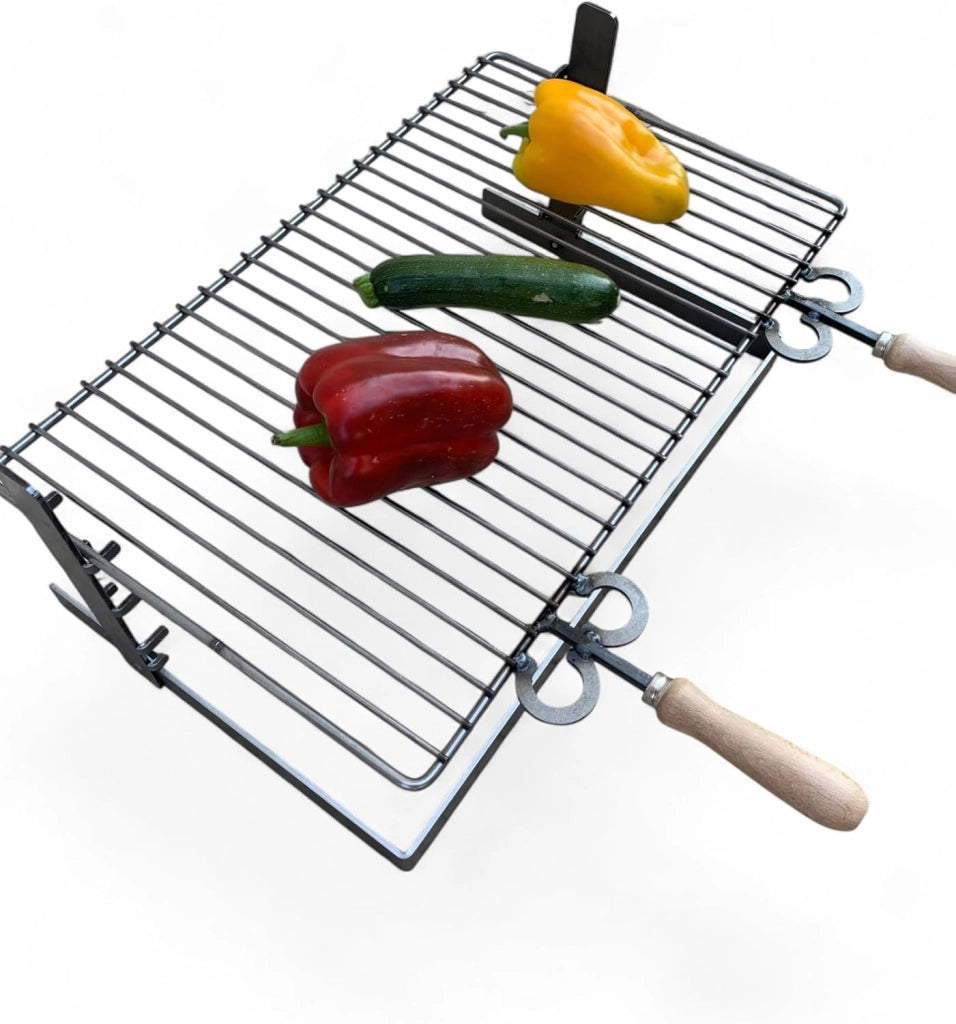 Griglia in ferro regolabile su più altezze, bistecchiera con manici in legno, per barbecue e camino per carne pesce verdure 60x36cm