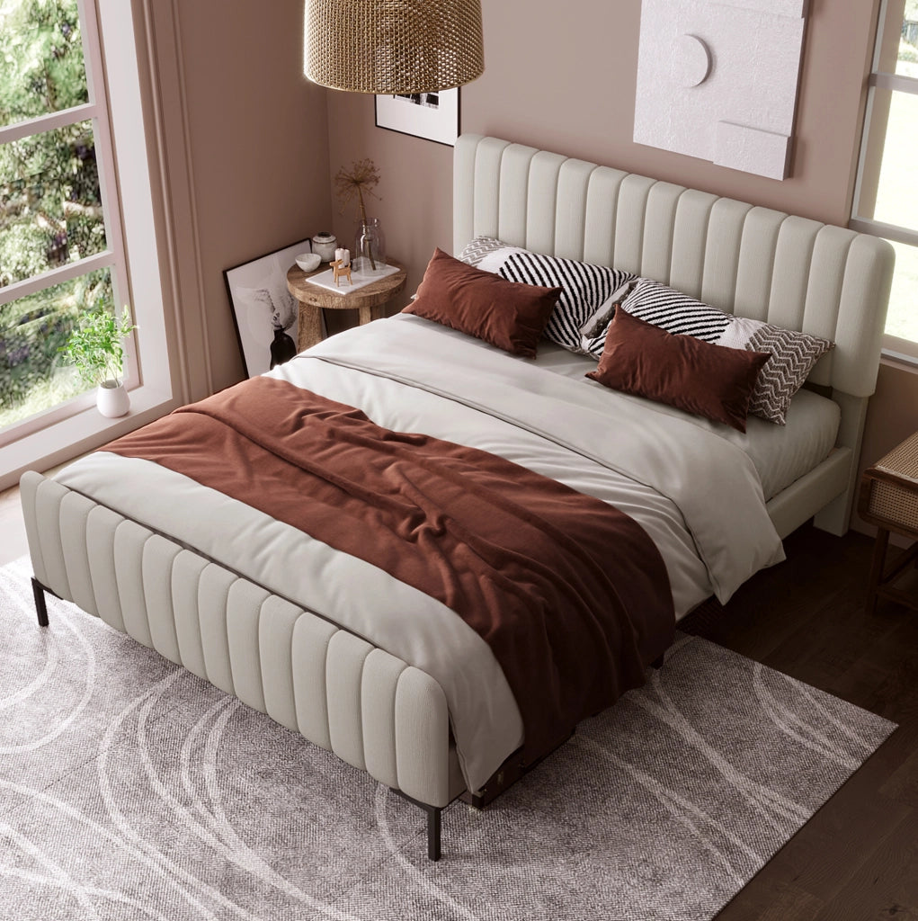 Letto matrimoniale imbottito 140x200 cm in lino grigio-beige con testiera regolabile