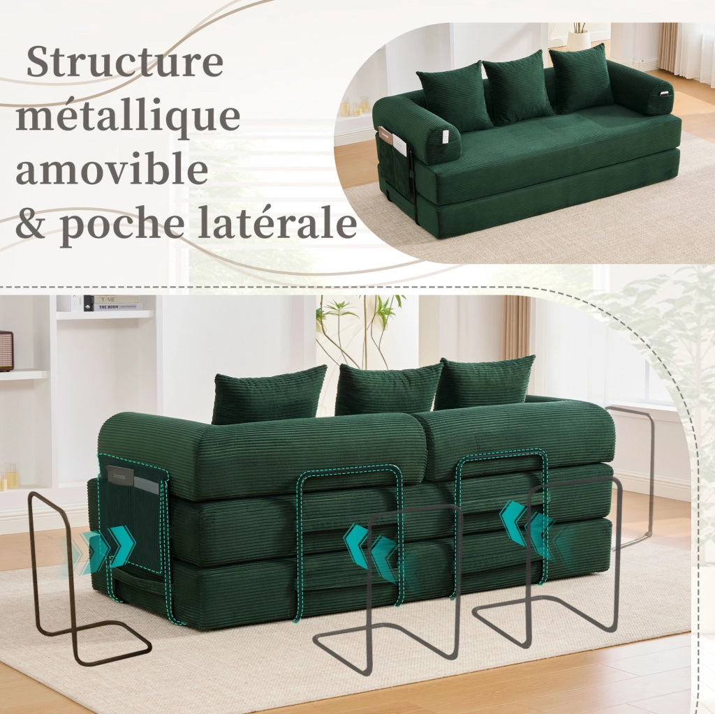 Divano modulare in velluto a coste 200x94x67 cm; colore Emerald con 3 cuscini