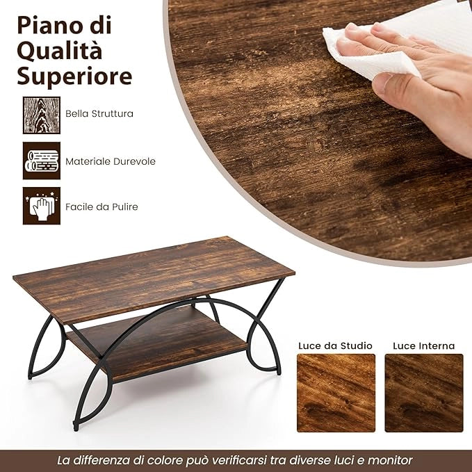 Tavolino da Caffè da Salotto, Tavolino Rettangolare a 2 Livelli con Struttura in Metallo, Tavolino Elegante e Moderno per Studio, Ufficio e Soggiorno, 100 x 50 x 45 cm (marrone e nero)