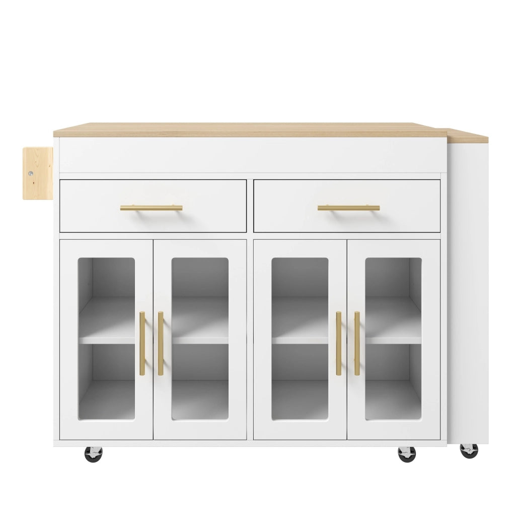Isola cucina mobile con piano estraibile e tavolo snack; 132;5-217 x 50 x 93 cm; bianco