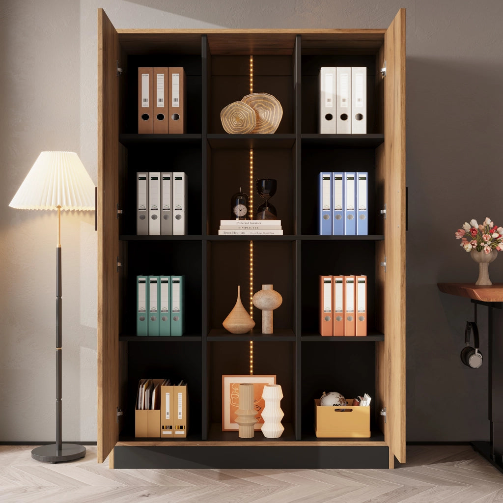 Armadio archivio con illuminazione LED; truciolare effetto rovere e nero; 95 x 35 x 160 cm; casa e ufficio