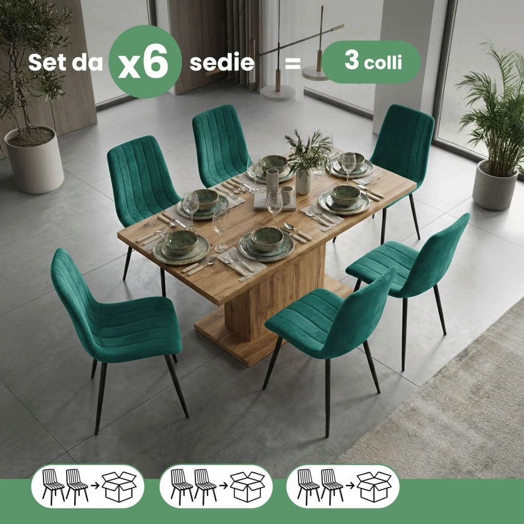 Set di 6 Sedie in velluto trapuntate LIVO Verde Bottiglia gambe nere