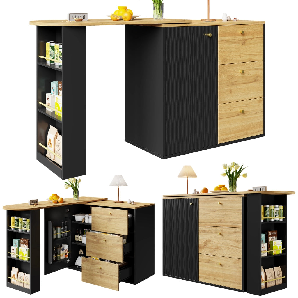 OKWISH Tavolo da Bar con 3 Cassetti e 5 Ripiani, Piano Girevole ed Estensibile, per Cucina e Soggiorno, Nero, 138-204×39×104 cm