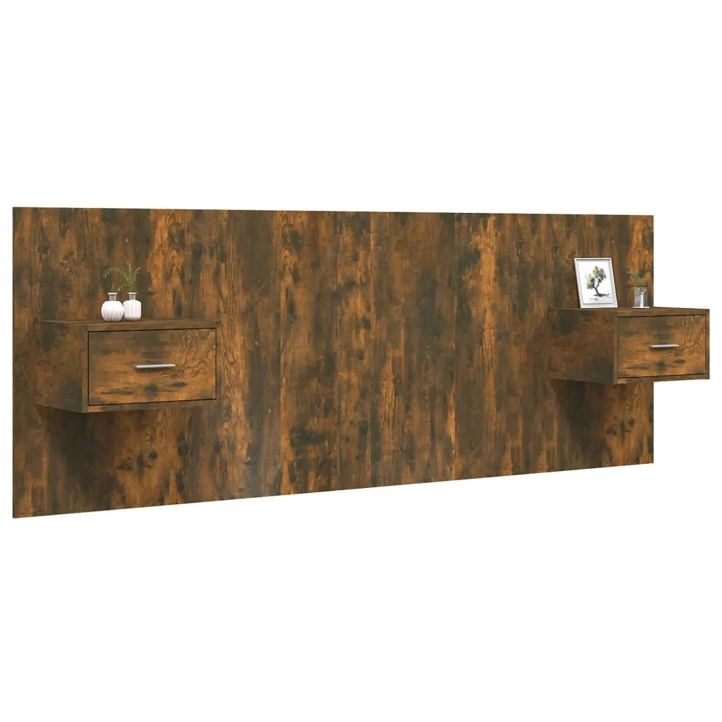 Testiera Letto con Comodini-Testiera con Contenitore in Legno Multistrato Rovere Fumo 275039