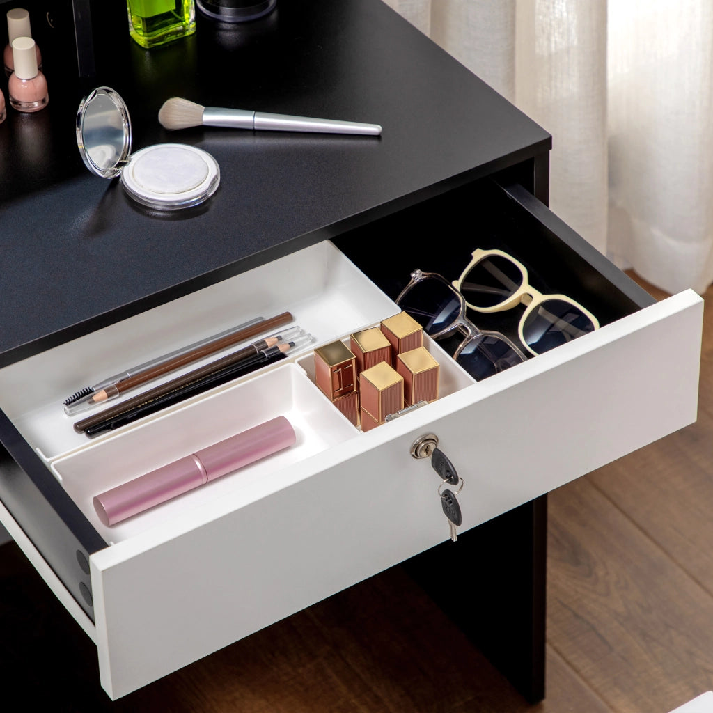 Scrivania da trucco con specchio e cassetti ¨C Zephmum ¨C Bianco e nero 90x50x75
