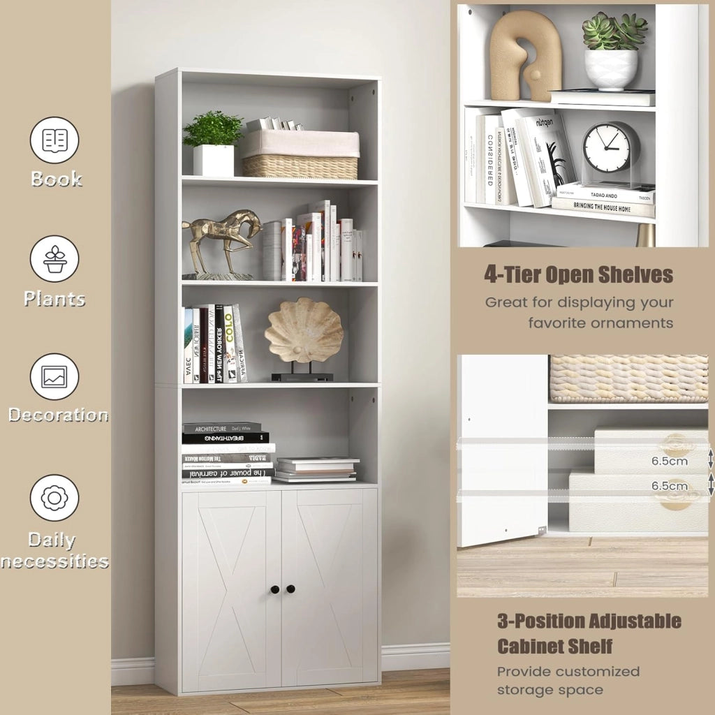 Libreria Chiusa in Legno con Armadio a Ante, 6 Ripiani Aperti, Librerie Moderne con Ripiano Rimovibile, Libreria Scaffale, 60 x 24 x 180 cm, Bianco