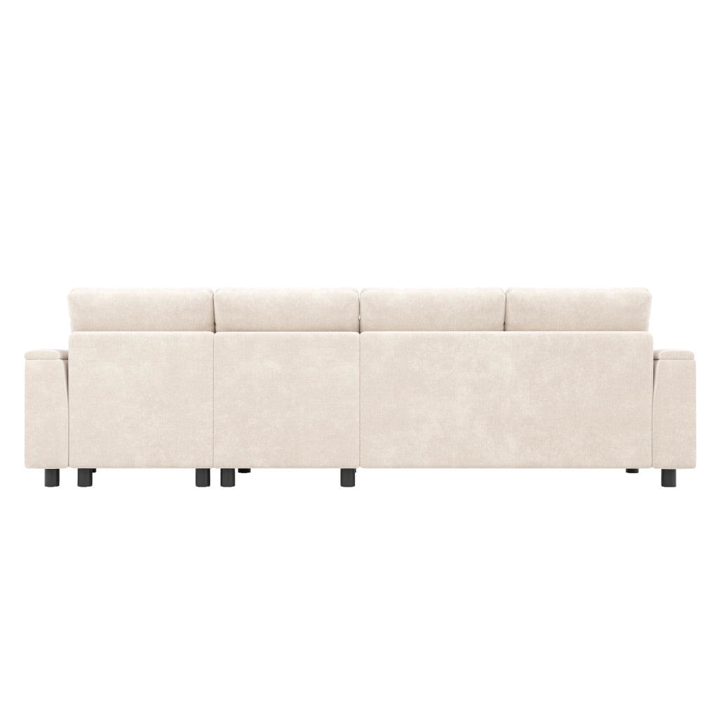 Divano a U, tessuto chenille, chaise longue, con vano portaoggetti, porte USB/Type-C, 284 x 135 x 84 cm, beige