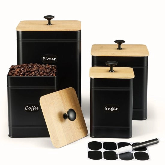 Set di contenitori di conservazione per cucina 4pz - contenitori per zucchero, sale, farina e conservazione di alimenti con coperchi a tenuta d'aria (nero)