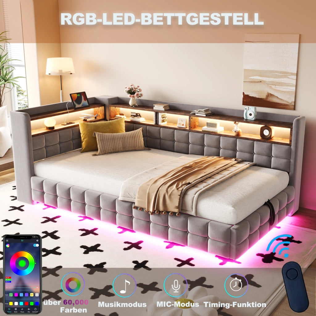 OKWISH Letto Divano 90×200 cm, Letto Singolo con Vano Contenitore Idraulico, LED Regolabile, USB, Tipo C e Mensole, senza Materasso, Grigio Chiaro