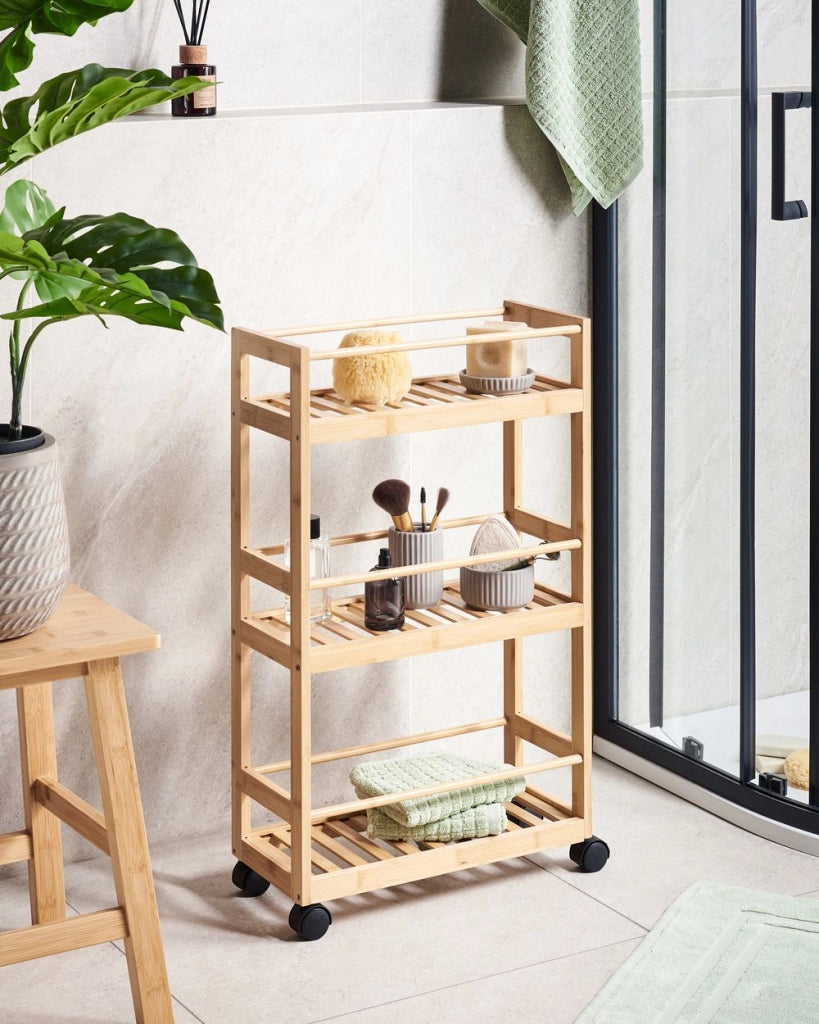 Carrello da bagno in legno di bambù marrone chiaro a 3 ripiani Design