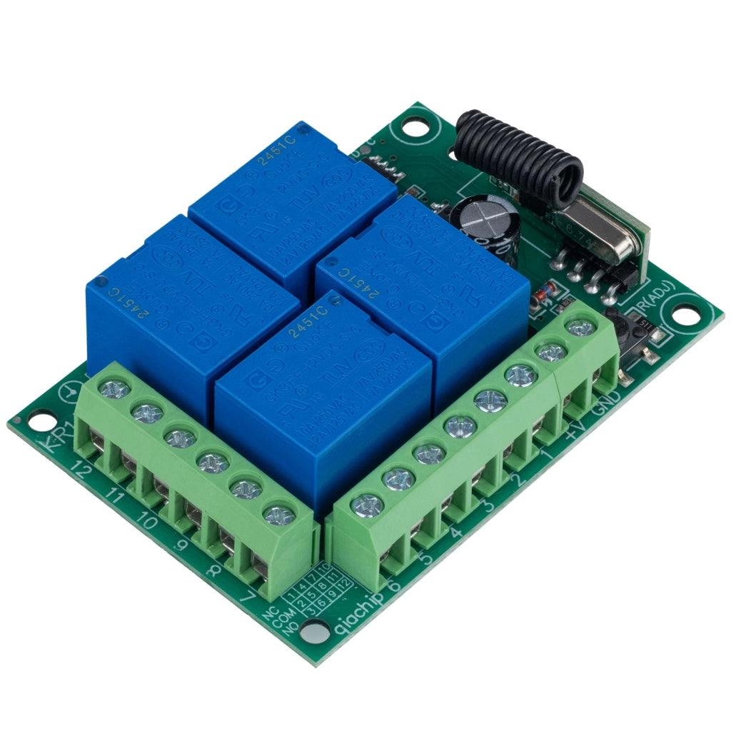 Modulo Relè con Telecomando 433MHz – 4 Canali, Portata 100m | Alimentazione 12V DC, Frequenza 433MHz