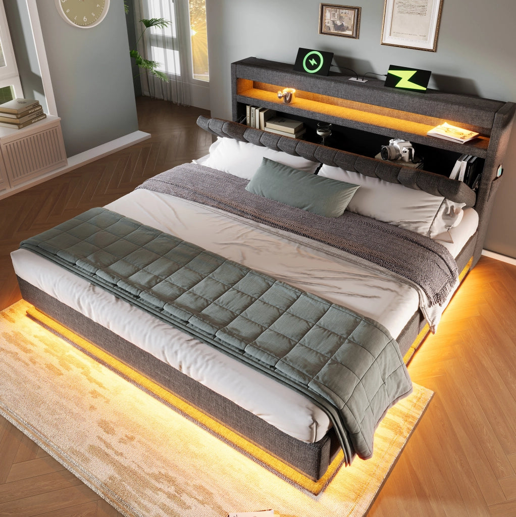 Letto matrimoniale 140x200 cm con contenitore idraulico; LED; USB e Type-C; grigio in lino