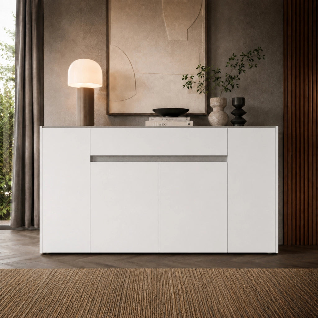 Credenza Contenitore Moderna Con 4 Ante E 1 Cassetto In Melaminico Design Minimal Senza Maniglie Per Sala Da Pranzo E Soggiorno 170 X 85 X 40 Cm Bianco E Grigio Cemento