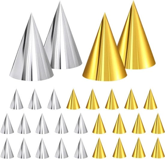 Decorazioni per Cappelli di Festa Oro e Argento, 30 pezzi - Coni di Torta Decorativi per Compleanni Copricapo a Cilindro