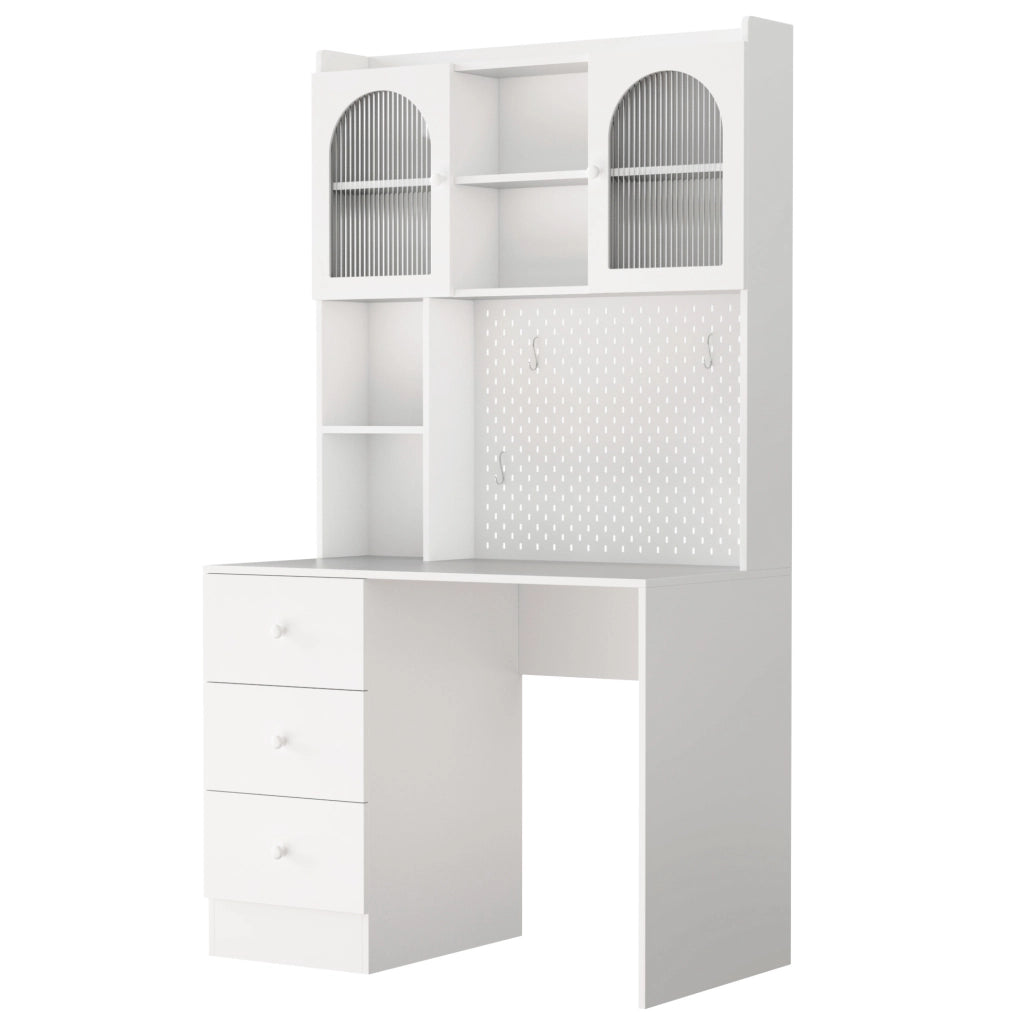 Scrivania 100x55x180 cm bianca in MDF con 3 cassetti e libreria