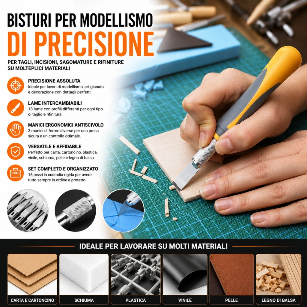 Set Bisturi Modellismo 16 Pezzi 3 Manici 13 Lame Tagliabalsa