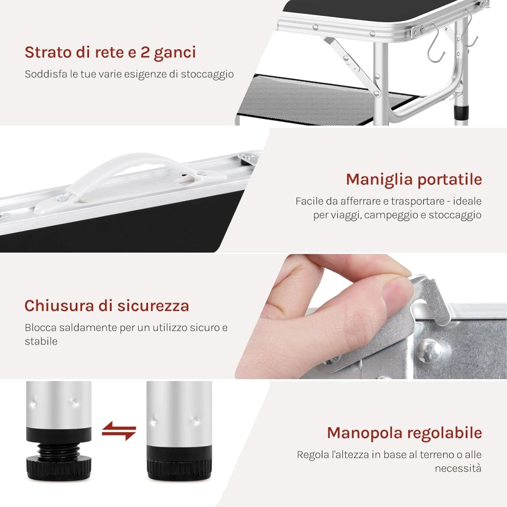 Tavolino Pieghevole Regolabile in Altezza 25/36/50/60 cm, Tavolo da Esterno con Ripiano in Rete Metallica, Piano in MDF 60x40 cm, Telaio in Metallo, per Campeggio, Barbecue, Giardino,Nero