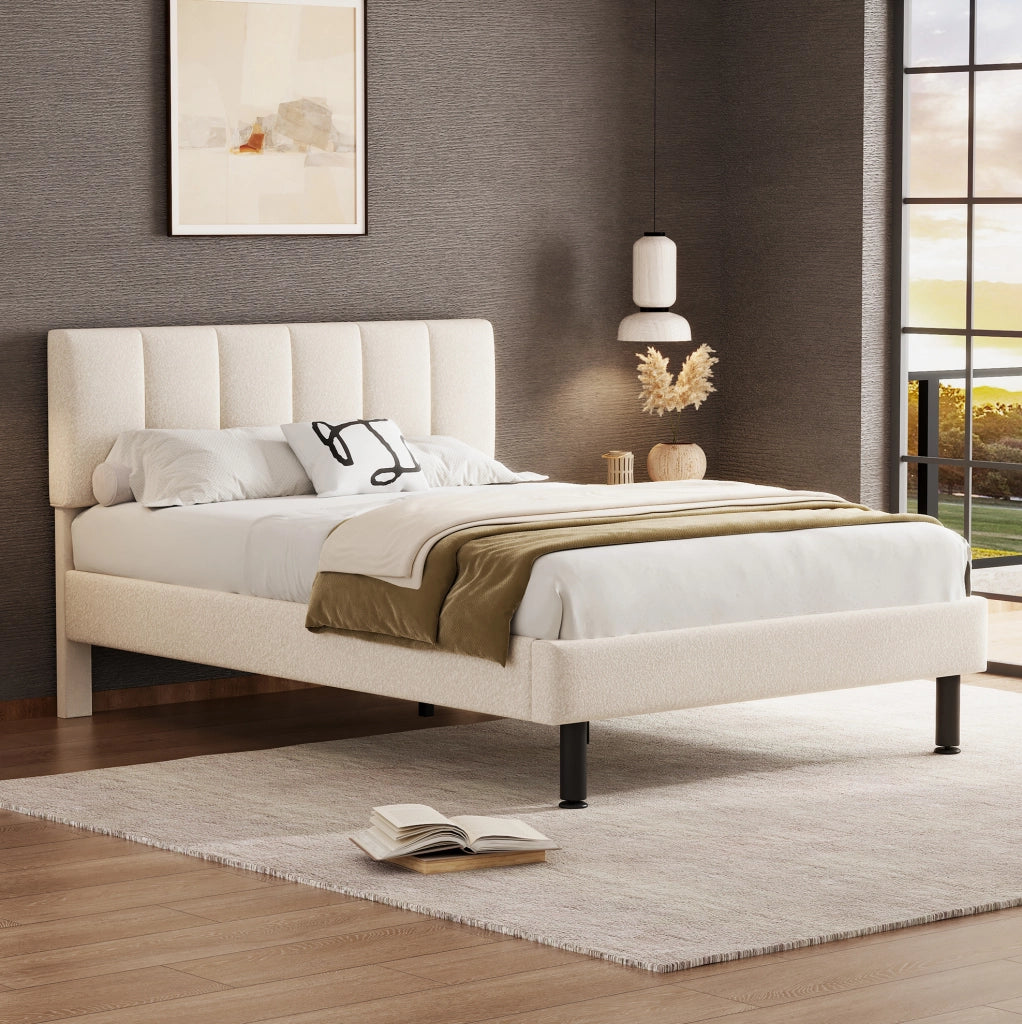 Letto imbottito 140x190 cm in tessuto Sherpa beige con rete a doghe e piedi in ferro