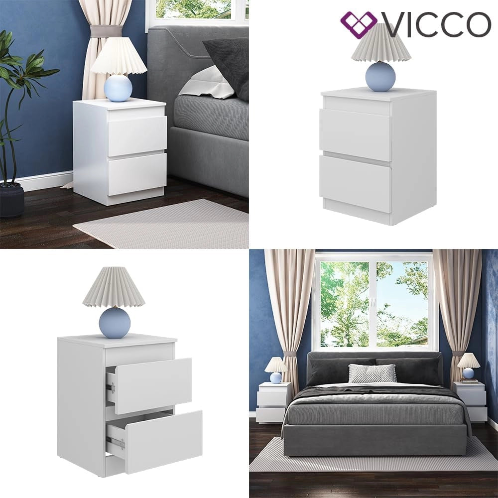 Comodino Calisto, Bianco, 40 x 55 cm, con superficie d'appoggio e passacavi per dispositivi