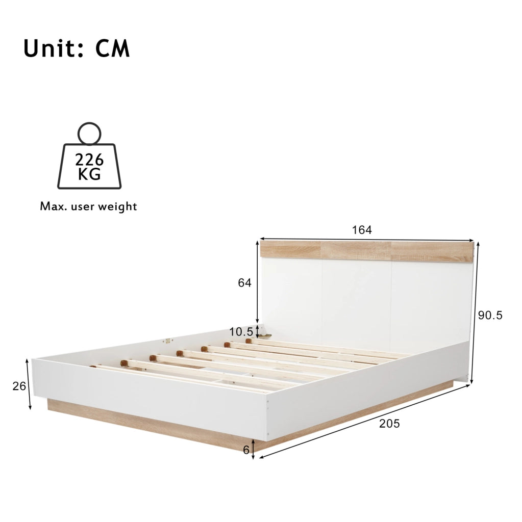 Letto matrimoniale 160x200 cm con testiera e rete a doghe; legno bianco e rovere Sonoma