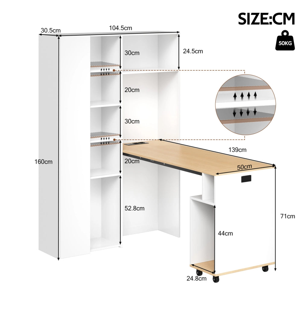 Scrivania pieghevole 104.5x30.5x160 cm con libreria integrata; presa USB; MDF bianco
