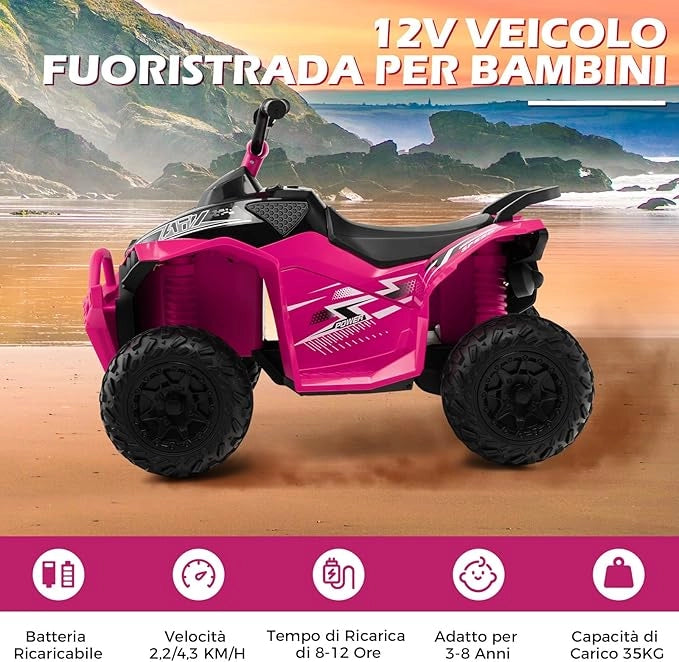 12V Quad Elettrico per Bambini, Macchina Elettrica con Velocità Alta/Bassa, Sedile Comodo Fari Corno e Musica, Auto Elettrica Cavalcabile 2,2/4,3 km/h (Rosa)