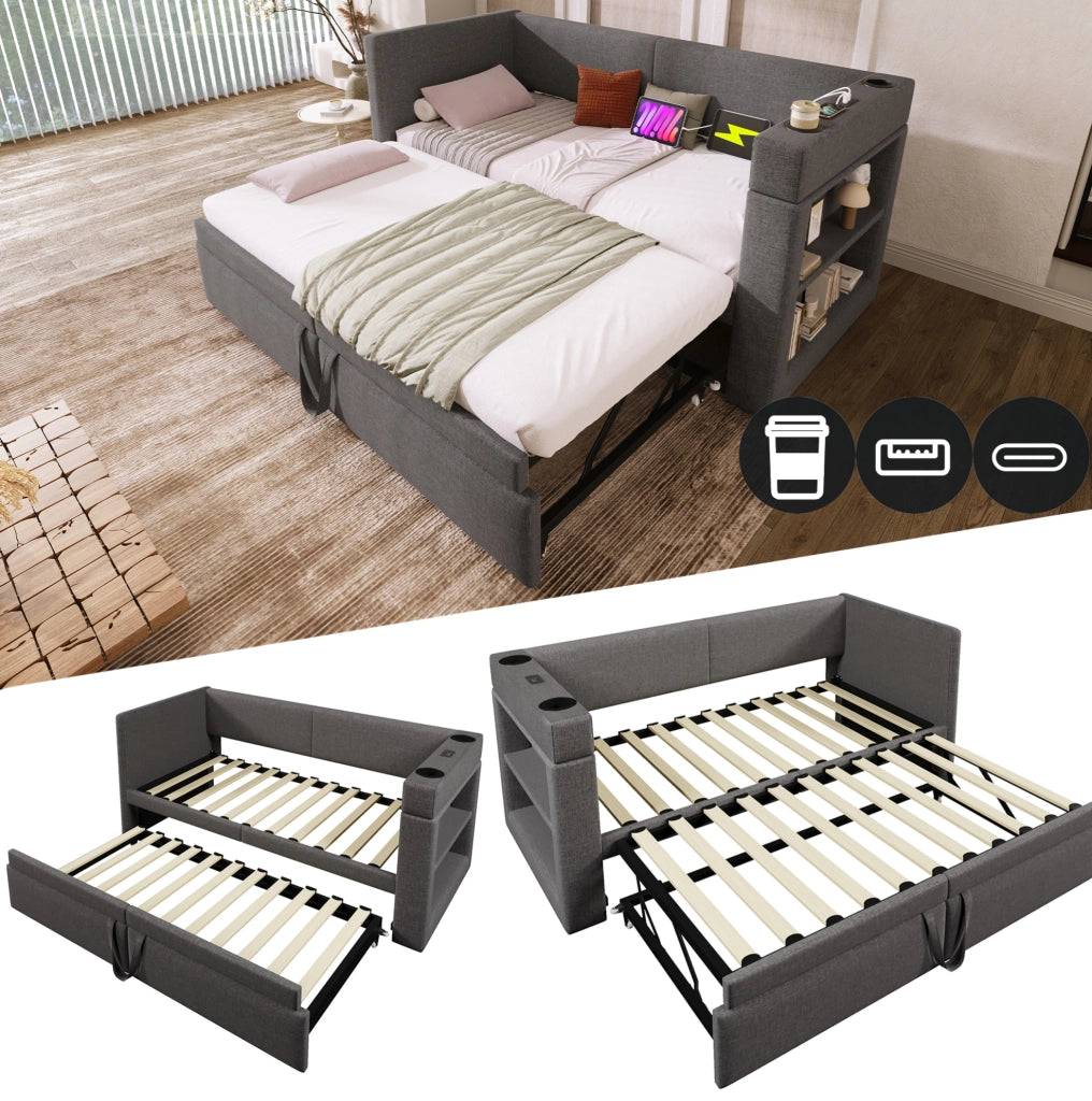 Divano letto con letto estraibile 90x200 cm; braccioli reversibili; USB e Type-C; grigio