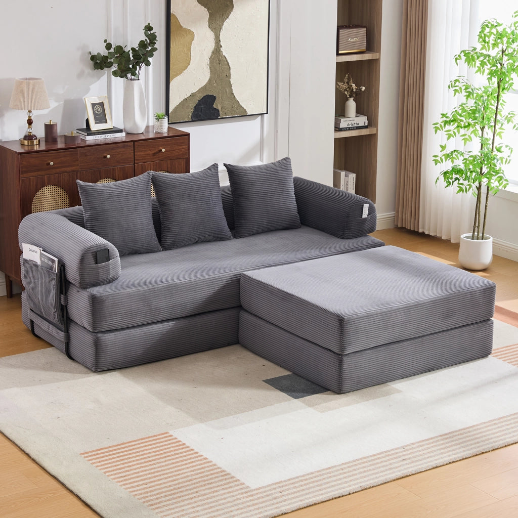 DIVANO MODULARE 200x190x67 cm in corduroy grigio scuro con pouf e 3 cuscini