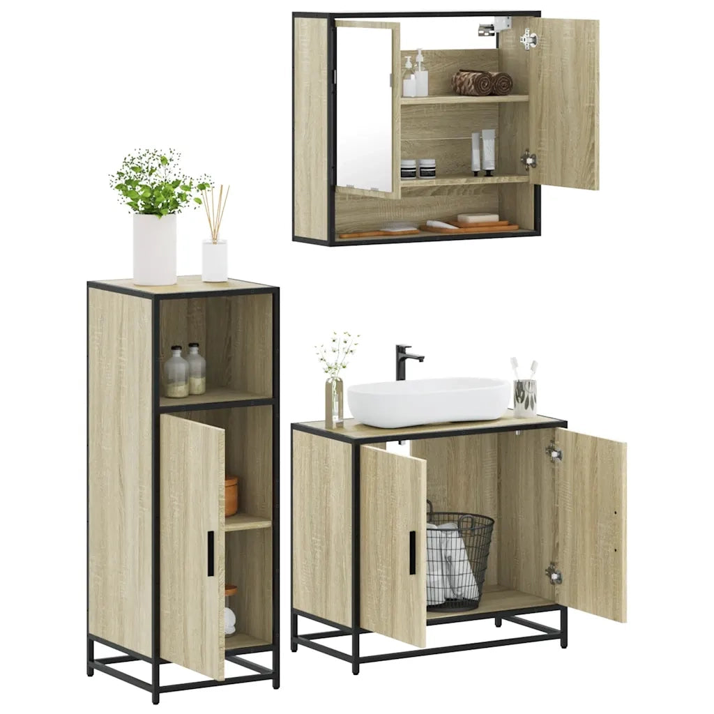Set Mobili da Bagno 3 pz Rovere Sonoma in Legno Multistrato