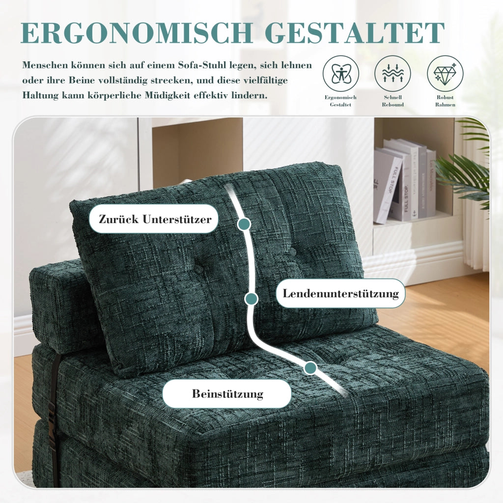 Divano Letto Pieghevole con Schienale, Cuscino Poggiatesta e Cuscino Lombare, in Ciniglia, Verde Smeraldo