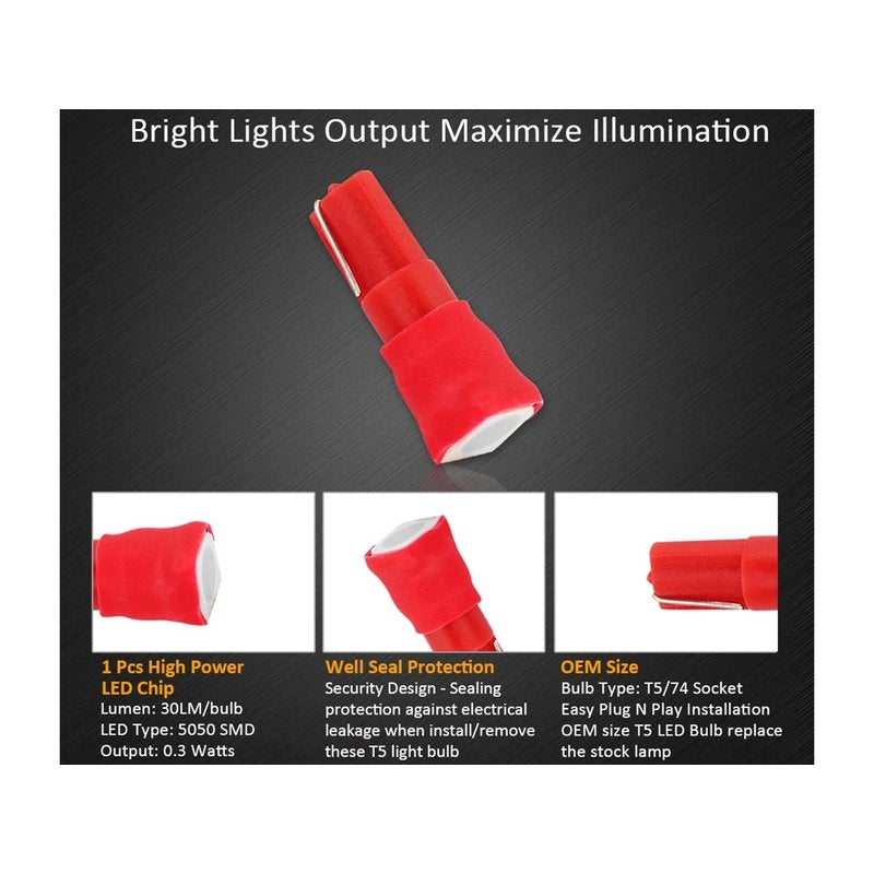 10 Lampadine LED T5 12V W1.2W Rosse SMD 5050 per Cruscotto Auto Moto