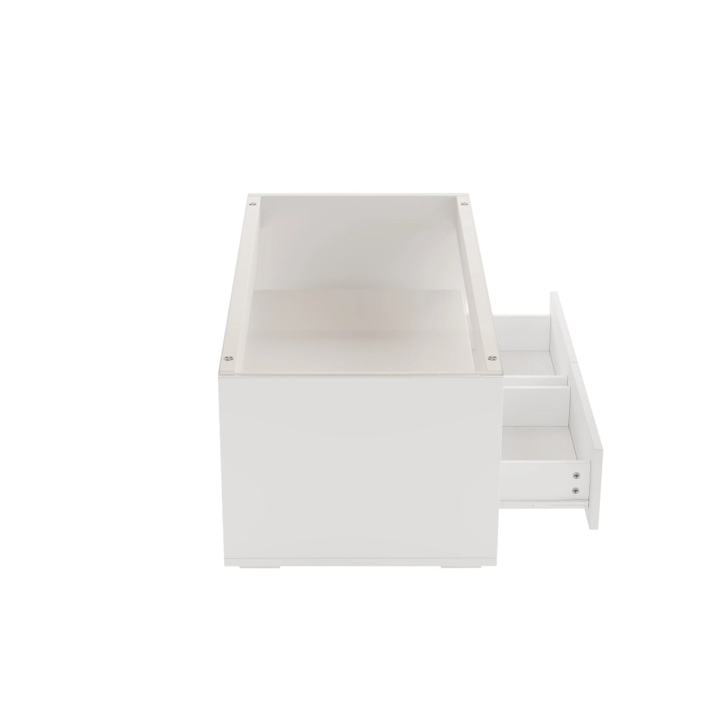 Tavolino da salotto 100x50x40 cm; LED integrata e 2 cassetti; ripiano in vetro temperato; truciolare; bianco