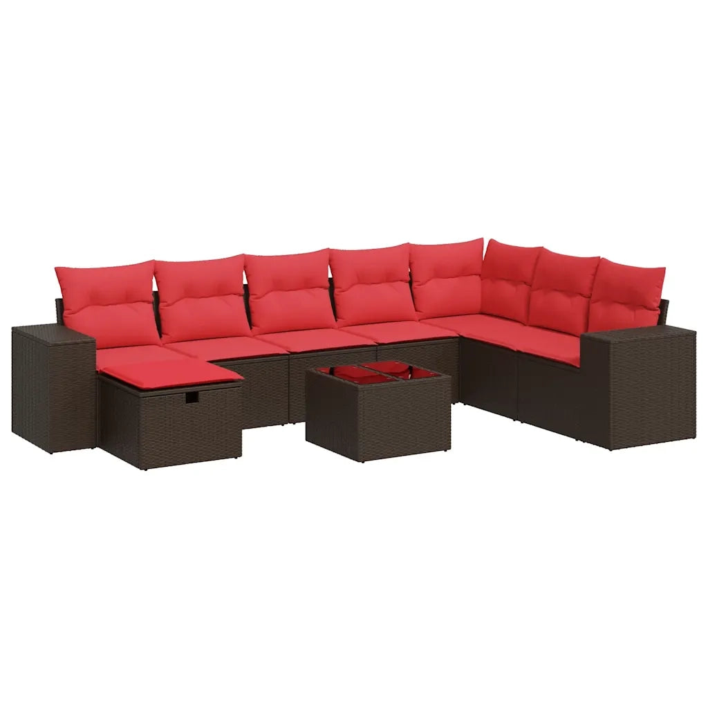 Set Divani da Giardino 9pz con Cuscini Marrone in Polyrattan
