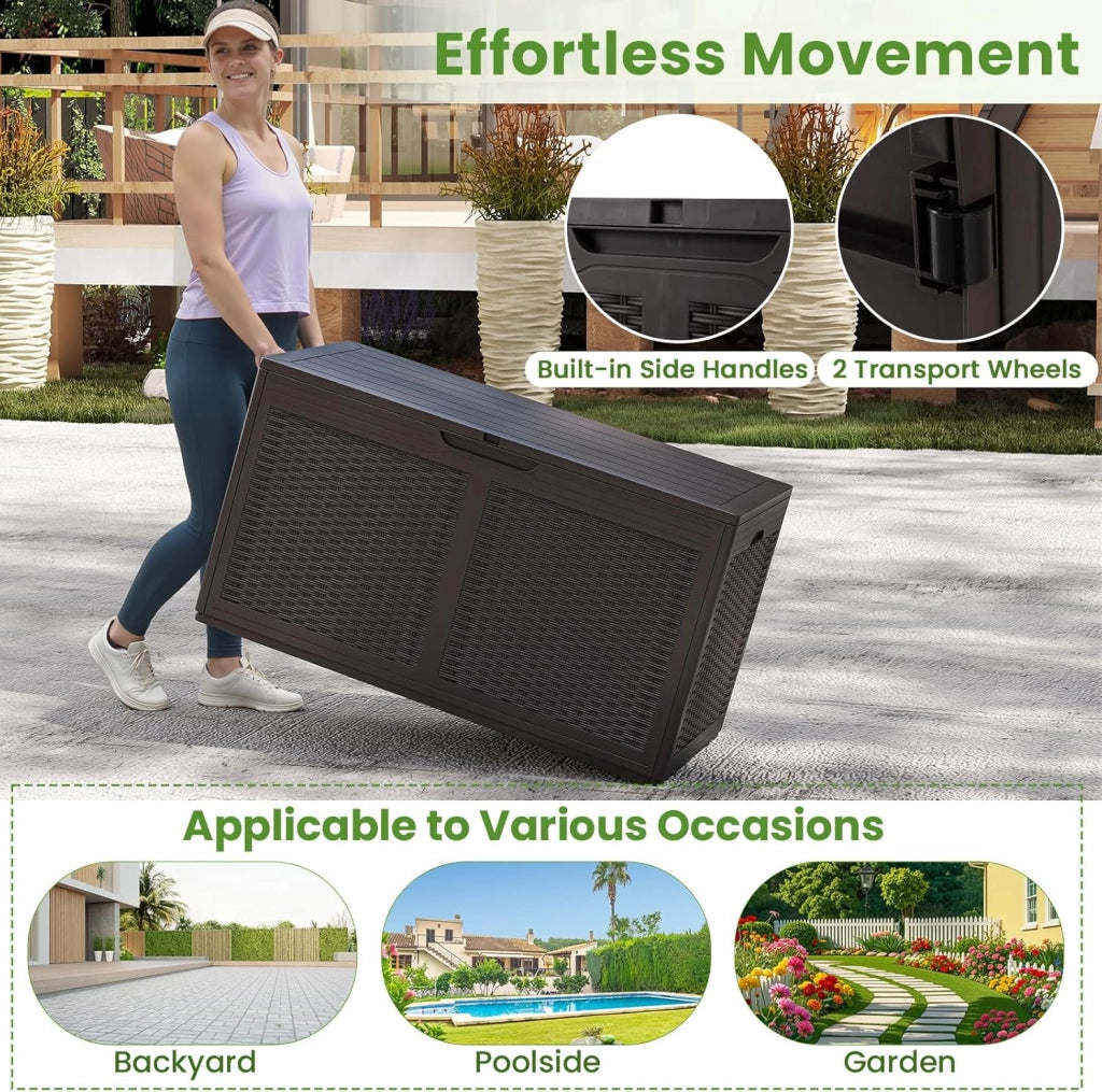 Scatola da giardino da 380 l, impermeabile, con coperchio e 2 ruote, per balcone, terrazza e cortile, 111 x 56 x 61 cm (marrone)