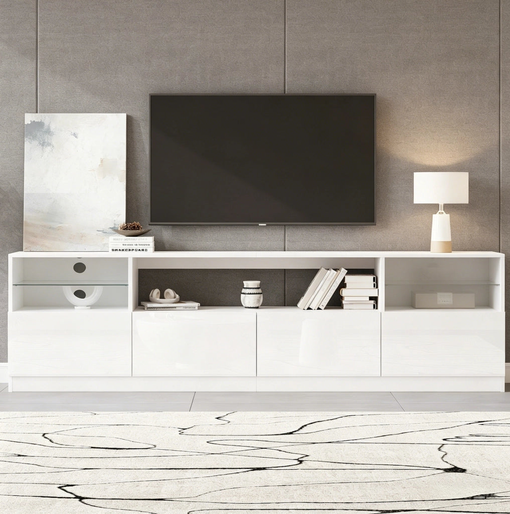 Mobile TV 180x35x60 cm con LED; 4 ante; 8 vani; legno bianco