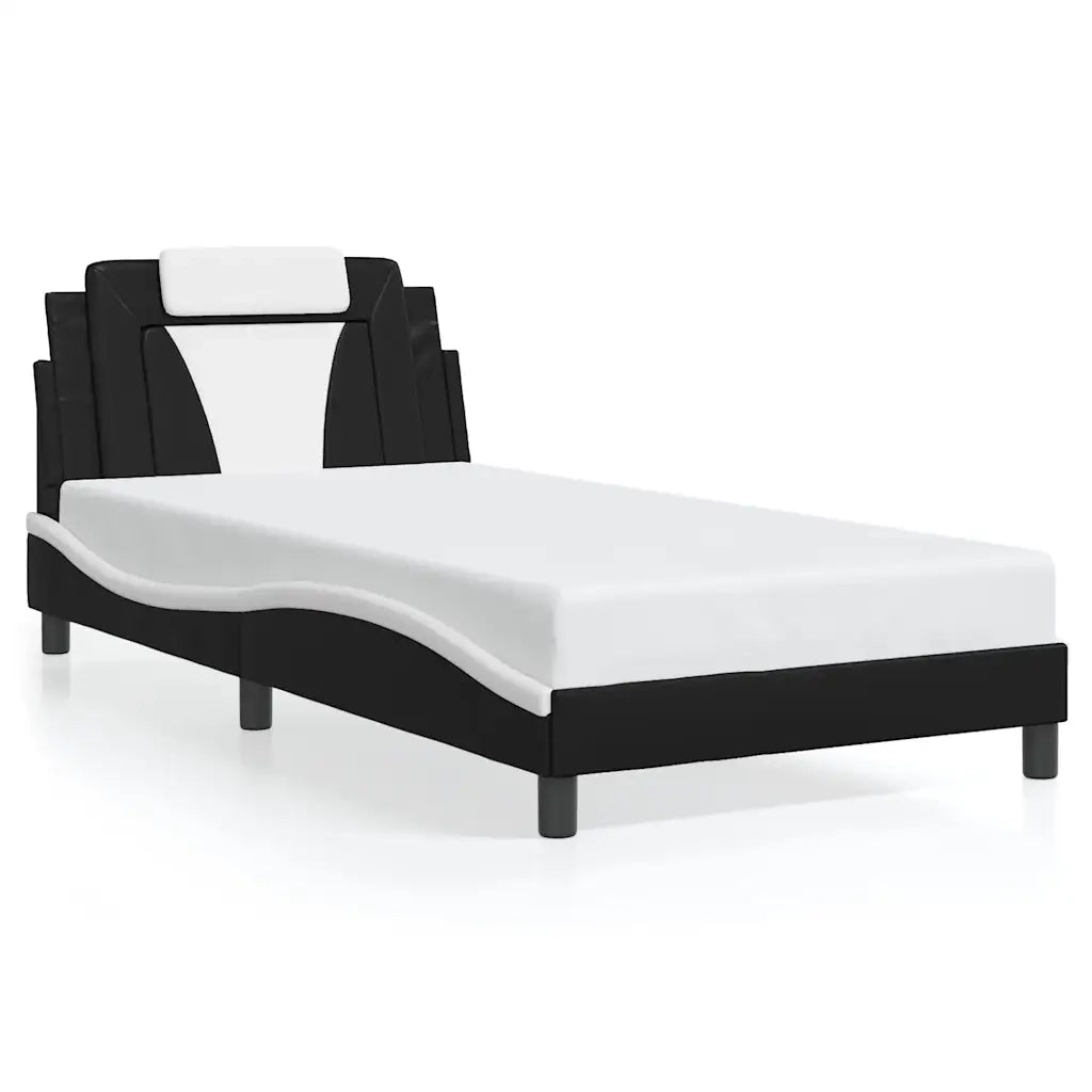 Letto singolo | Letto per adulti | Giroletto Viana senza Materasso Nero e Bianco 100x200 cm in Similpelle