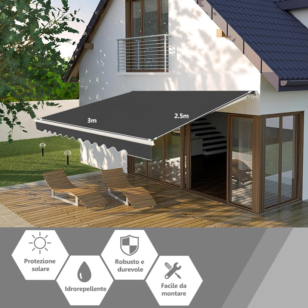 Tenda da Sole per Esterno Avvolgibile 3 x 2,5 M, Tenda da Sole a Bracci Estensibili con Telaio in Alluminio, Tettuccio Resistente al Sole e Impermeabile e Manovella (3 x 2,5 M, Grigio)