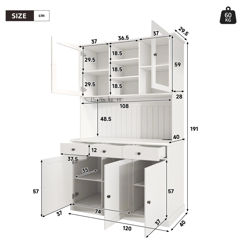 Buffet alto 120x40x191 cm con ante in vetro; porta bicchieri; prese USB e truciolare bianco