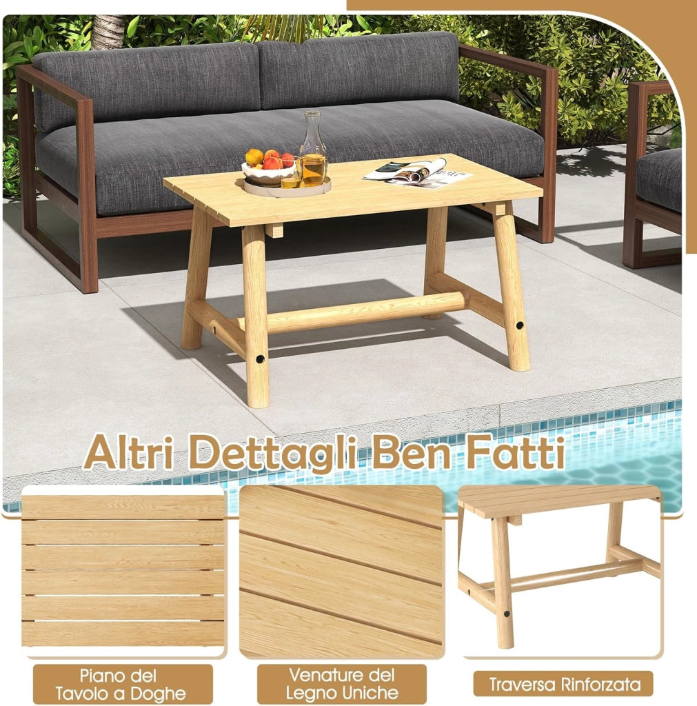 Tavolino da Caffè per Esterno, Tavolino Laterale in Legno con Piano a Doghe, Tavolo Rettangolare per Prato Balcone, Bordo Piscina, Portata 125 kg (Naturale)
