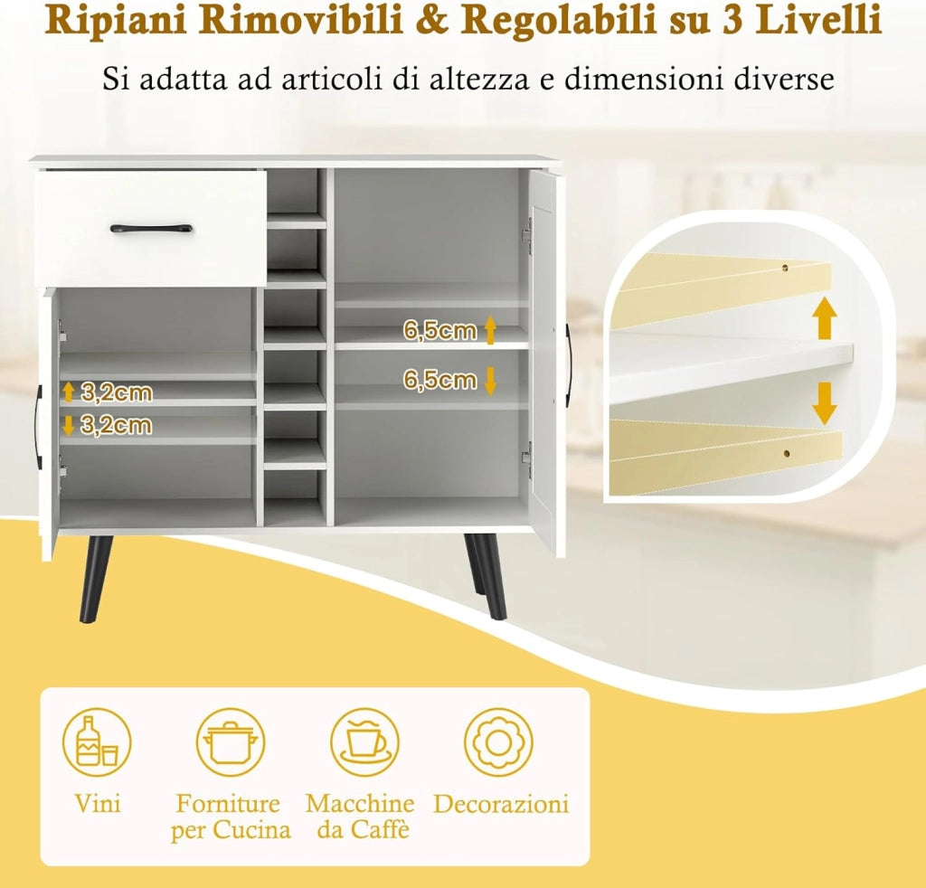 Credenza Buffett da Cucina con 6 Cubi Porta Bottiglie di Vino, Mobile da Cucina con Cassetto, 2 Ante e 2 Ripiani Regolabili, Armadio in Legno Salvaspazio per Soggiorno, 90 x 40 x 79 cm, Bianco